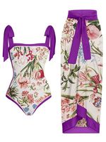 Vacation Printing Floral One Piece With Cover Up - thumbnail