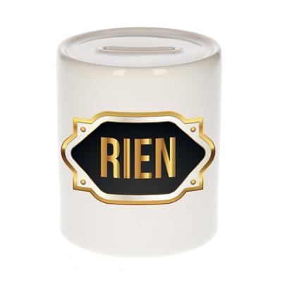 Spaarpot met voornaam Rien - wit - goud/zwart embleem - 8 x 9 cm - keramiek - afsluitdop Spaarpot met voornaam Rien - wit - goud/zwart embleem - 8 x 9 cm - keramiek - afsluitdop