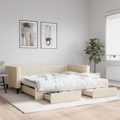 Slaapbank met onderschuifbed en lades 100x200 cm stof crème