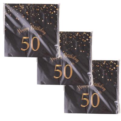 Verjaardag feest servetten - leeftijd 50 jaar - 60x stuks - zwart/goud - 33 x 33 cm
