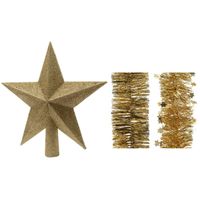 Kerstversiering kunststof glitter ster piek 19 cm en folieslingers pakket goud van 3x stuks - thumbnail