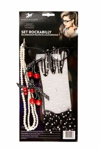 Set rockabilly (bril/handschoenen/ketting/oorbel)