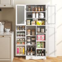 161,5 cm Hoge Keukenkast Hoge Kast met Glazen Deuren en Planken Vrijstaande Kast voor Eetkamer Woonkamer Wit