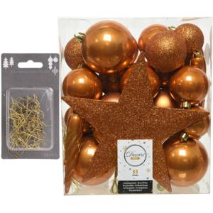 33x stuks kunststof kerstballen 5, 6 en 8 cm cognac bruin inclusief ster piek en kerstbalhaakjes - Kerstbal