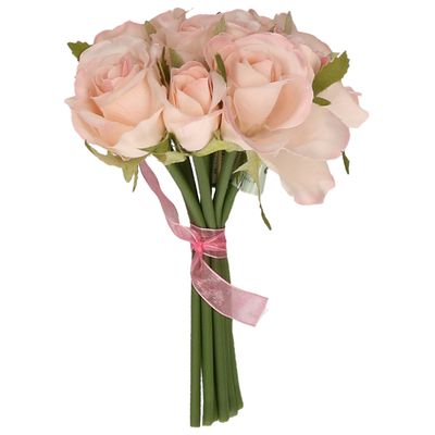 Boeketje kunstbloemen - rozen - roze - 20 cm - 9x stuks