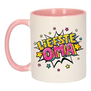 Liefste oma cadeau mok / beker wit en roze met sterren 300 ml   -