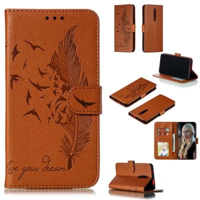 Feather patroon Litchi textuur horizontale Flip lederen draagtas met portemonnee & houder & kaartsleuven voor Xiaomi Redmi K20 (bruin)