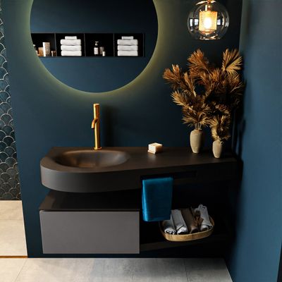 MONDIAZ RIVA 120cm badmeubel onderkast / planchet kleur Dark_Grey met 1 lade. Wastafel DULCET links 1 kraangat kleur Urban. MONDIAZ RIVA 120cm badmeubel onderkast / planchet kleur Dark_Grey met 1 lade. Wastafel DULCET links 1 kraangat kleur Urban.