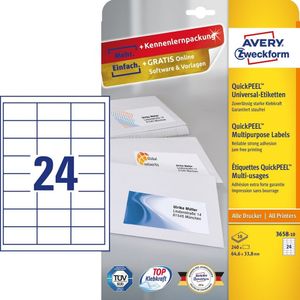 Avery-Zweckform 3658-10 Universele etiketten 64.6 x 33.8 mm Papier Wit 240 stuk(s) Permanent hechtend Inkjet, Laser (zwart/wit), Laser (kleur), Kopiëren