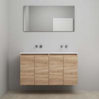 On-Line Badkamermeubelset - 120 cm - Voorgemonteerd - Greeploos 4 Deuren - Acryl Wastafel - Kraangat naar Keuze - Spiegel - Eiken