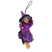 Halloween decoratie heksen pop - vliegend op bezem - 10 cm - zwart/paars - thumbnail