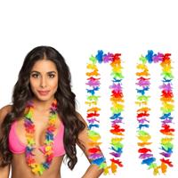 Voordelige gekleurde Hawaii krans/bloemenslinger - 2x - Tropische verkleed feestartikelen