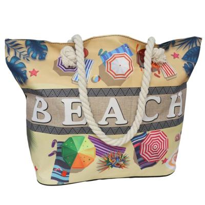 Gerimport strandtas - Beach en parasolletjes - creme - touw handvat - 19 x 51 x 34 cm