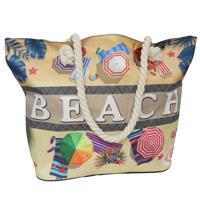 Gerimport strandtas - Beach en parasolletjes - creme - touw handvat - 19 x 51 x 34 cm