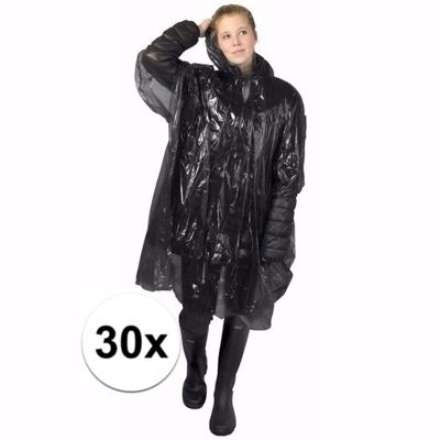 Wegwerp regenponcho - 30x - zwart - voor volwassenen - met capuchon - budget line