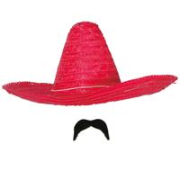 Carnaval verkleed setje - Mexicaanse sombrero hoed met plak nepsnor - rood - heren - thumbnail