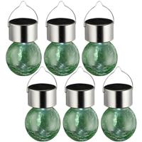 Sunnydays Solar sfeer hanglamp - 6x - tuin - lampenbol - groen - glas - 9 cm