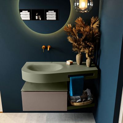 MONDIAZ RIVA 100cm badmeubel onderkast / planchet kleur Smoke met 1 lade. Wastafel DULCET links 0 kraangaten kleur Army. MONDIAZ RIVA 100cm badmeubel onderkast / planchet kleur Smoke met 1 lade. Wastafel DULCET links 0 kraangaten kleur Army.