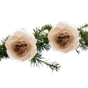 2x stuks kerstboom decoratie bloemen op clip roos creme 14 cm