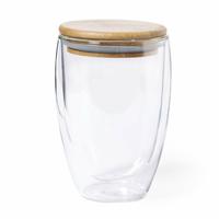 Thermische koffieglazen/theeglazen dubbelwandig - met bamboe deksel - 350 ml   - - thumbnail