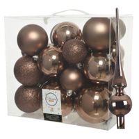 Set van 26x stuks kunststof kerstballen incl. glazen piek glans walnoot bruin - thumbnail