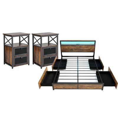 Kingsize Bedframe met Verlichting en een Set van 2 Moderne Nachtkastjes Platformbed en Industriële Salontafels