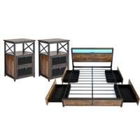 Kingsize Bedframe met Verlichting en een Set van 2 Moderne Nachtkastjes Platformbed en Industriële Salontafels