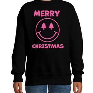 Kersttrui/sweater voor jongens/meisjes - Merry Christmas - zwart - smiley - glitter roze