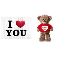 I Love You Valentijnskaart met knuffelbeer in rood shirtje 24 cm