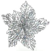 Decoris kerstboomversiering - glitter bloem - 23 cm - zilver - op clip - kerstbloem
