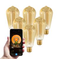 Set van 6 Smart E27 LED Filament Lampen - 7 Watt 806 lumen - ST64 Amberkleurig glas - 1800-3000K Dimbaar - Edison lamp