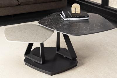 Draaibare salontafel MOVEMENT antraciet grijs keramiek vijfhoekig zwart metalen onderstel - 46420