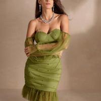 Bon&Bon Green Off-Shoulder Ruffle Mini Dress | Elegant Party Bodycon S