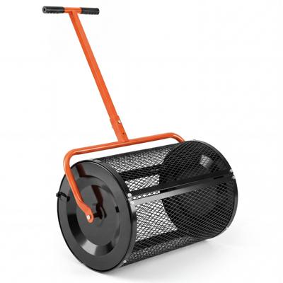 Meststrooier met een Inhoud van 75 L Voorzien van Twee in Hoogte Verstelbare T-handgrepen en een Metalen Mand met een Diameter van 40 cm-Oranje