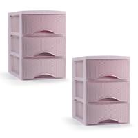 Ladeblokje/bureau organizer - 2x stuks - 3 lades - roze - L18 x B25 x H25 cm - plastic