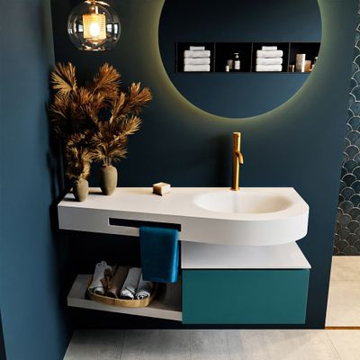 MONDIAZ RIVA 120cm badmeubel onderkast / planchet kleur Smag met 1 lade. Wastafel DULCET rechts 1 kraangat kleur Talc. MONDIAZ RIVA 120cm badmeubel onderkast / planchet kleur Smag met 1 lade. Wastafel DULCET rechts 1 kraangat kleur Talc.