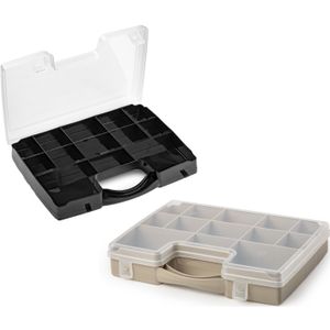 Forte Plastics - Opberg vakjes doos/Sorteerbox - 13-vaks kunststof - 27 x 20 x 3 cm - zwart/taupe