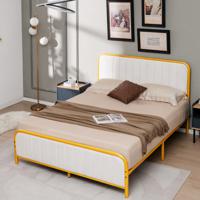 Metalen Bed voor 200 x 140 cm Matras Tweepersoonsbed Bedframe met Hoofdeinde en Lattenbodem Gestoffeerd Suède Hoofdbord Goud