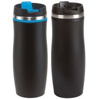 2x stuks isoleer/warmhoudbekers zwart en zwart/blauw kleur 400 ml