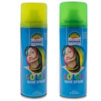 Carnaval verkleed haarverf - haarspray - kleuren geel en groen - 111 ml per flacon Carnaval verkleed haarverf - haarspray - kleuren geel en groen - 111 ml per flacon
