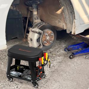Monteurskruk op Wielen Afneembare Kruipstoel met Materiaalbak Gereedschapshouder Stevige 136 kg Rollende Kruk voor Reparatiewerkplaatsen