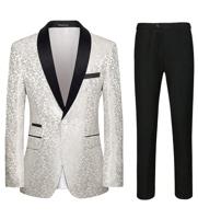 Bon&Bon Men's Slim Fit Floral Tuxedo Suit - Blue Shawl Lapel Blazer Set White / S