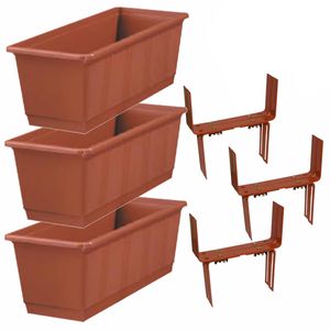 Set van 3 kunststof plantenbakken terracotta rechthoekig 40 cm met 6 verstelbare balkon/muurbeugels