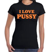 Foute party t-shirt dames - I love pussy - zwart - glitter oranje - carnaval/themafeest