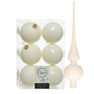 Set van 12x stuks kunststof kerstballen 8 cm en glazen piek wol wit