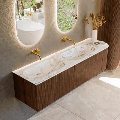 Badmeubel Mondiaz Kurve-Dlux | 165 cm | Meubelkleur Walnut | Wastafelkleur Glace | Solid surface | Dubbele spoelbak | Zonder kraangat(en)