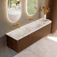 Badmeubel Mondiaz Kurve-Dlux | 165 cm | Meubelkleur Walnut | Wastafelkleur Glace | Solid surface | Dubbele spoelbak | Zonder kraangat(en)