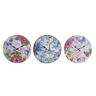 Muurklok DKD Home Decor Multicolour Blommor Hout MDF (34 x 4 x 34 cm) (3 Stuks)