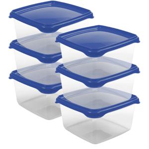 Vershoudbakjes Hega - set van 6x stuks - 1.3 liter - transparant/donkerblauw - L16 x B16 x H11 cm