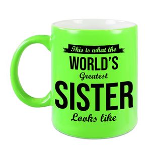 Worlds Greatest Sister cadeau koffiemok / theebeker neon groen 330 ml